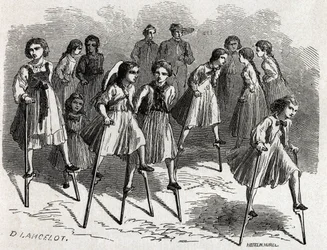 Echasse -spillet på ULM, designet af Lancelot, for at illustrere Victor Duruys rejse fra Paris til Bukarest i 1860. Gravering i “” le Tour du Monde ”, redigeret af Edouard Charton