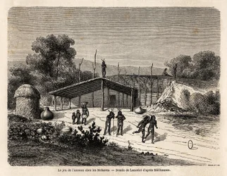 Ringens spil blandt Mohaves-indianerne, tegnet af Lancelot, for at illustrere Mississippis rejse til Stillehavet i 1853-54 af Baudouin Mollhausen (1825-1905). Indgravering i "" Le tour du monde, nouveau journal des voyages"" Paris