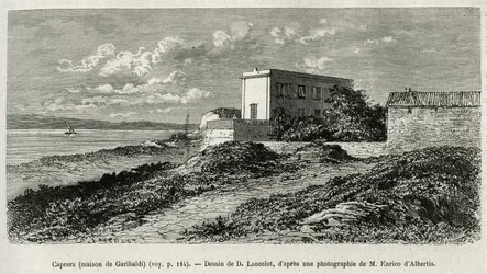 Giuseppe Garibaldis (1807-1882) hus i La Caprera (Sardinien), indgraveret efter en tegning af D.Lancelot, for at illustrere historien om Syrien i dag, af Mr.Lortet, dekan ved det medicinske fakultet i Lyon, anklaget for en videnskabelig mission af minister