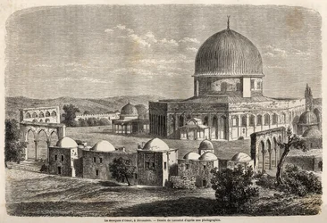 Omar-moskeen, bygget i 691 i Jerusalem, tegnet af Lancelot, for at illustrere hr. Bidas rejse til Palæstina i 1856. Indgravering i "" Le tour du monde, nouveau journal des voyages"" Paris