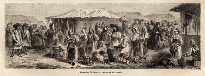 Den gående befolkning i Tesmevar (eller Timisoara) i Rumænien. Gravering til illustration af rejsen fra Paris til Bukarest af Lancelot, tegner, i 1860, offentliggjort i "Le tour du monde, nouveau journal des voyages", under ledelse af Edouard Charton