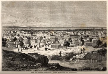 Udsigt over Kano (by og stat nord for det nuværende Nigeria), lager i det centrale Sudan, tegning af Lancelot, for at illustrere rejsen 1849-1855 til Dr. Henri Barths centrum af Afrika. Indgravering i "" Le tour du monde, nouveau journal des voyages""