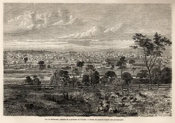 Udsigt over Melbourne (Australien), tegning af Lancelot, for at illustrere minderne om en fransk besættelsesmand i Australien, i 1854-1859, af M. de Castella. Stik i “” Le tour du monde”” 1861. Selvas samling.