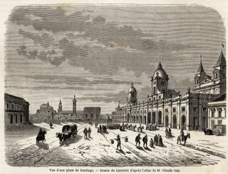 Udsigt over en plads i Santiago (Chile), tegning af Lancelot, for at illustrere rejsen til Sydamerika, i 1823, af Giovanni Mastai Ferretti (1792-1878, fremtidige Pius IX). Indgravering i "" Le tour du monde, nouveau journal des voyages"" Paris