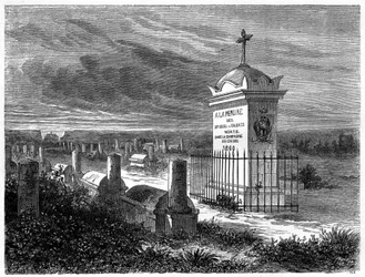 Udsigt over den franske kirkegård i Pekin (Beijing), Kina. Gravering efter en tegning af Lancelot, i "" Le Tour du Monde, Nouveau journal des Voyages"", redigeret af Edouard Charton, Paris