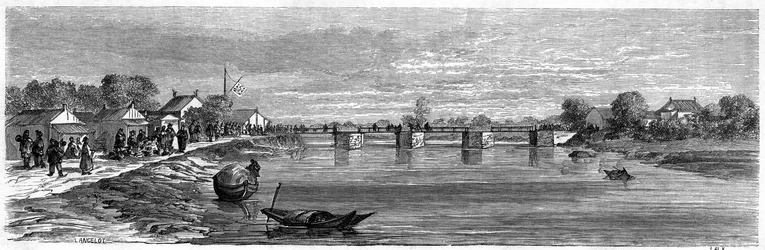 Udsigt over broen over Suzhou-floden nær Shanghai i 1860, Kina. Gravering af Lancelot, i "" Le Tour du Monde, Nouveau journal des Voyages"", redigeret af Edouard Charton, Paris