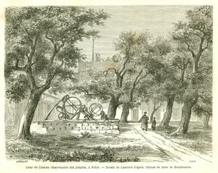 Udsigt over gården til det tidligere jesuiterobservatorium i Pekin (Beijing), Kina. Gravering af Lancelot, i "" Le Tour du Monde, Nouveau journal des Voyages"", redigeret af Edouard Charton, Paris