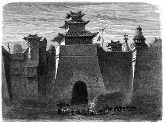 Pekins mure og port (Beijing), Kina. Gravering af Lancelot, i "" Le Tour du Monde, Nouveau journal des Voyages"", redigeret af Edouard Charton, Paris