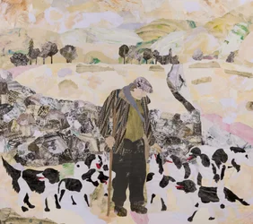 En mand og hans hunde i sne, 2018 (collage)