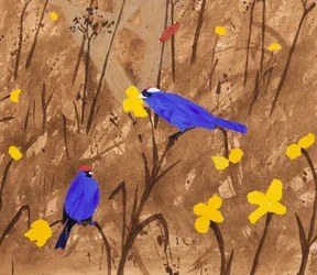 Primære farver (Diadem Tanagers  Ceibo tree) (akryl  collage)