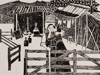 Siegfried  Sieglinde, Hundings hytte, Wagners ringcyklus, 2024 (linoleumssnit)