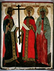 Ikon, der viser SS. Konstantin, Helena og Agatha, Novgorod Skole, ca. 1500