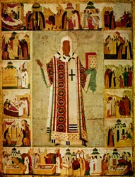 Metropolit Alexius omgivet af scener fra hans liv, russisk, 1480