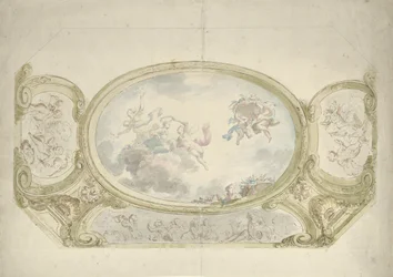 Loftmaleri design: oval med allegorisk repræsentation, omgivet af scener med putti