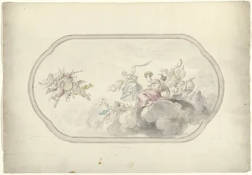 Design til et loftmaleri med musikskabende kvinder og putti med en blomsterkurv som allegori på Blijdschap