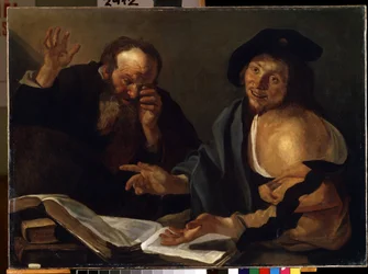 """"Heraklit og Demokrit"" De græske filosoffer Heraklit fra Efesos (Heraklit) (535-475 f.Kr.) og Demokrit (Demokrit) (460-370 f.Kr.). Maleri af Theodore van Baburen (Dirk Baburen) (1570/90-1623/4) Mikalo Fine Arts Museum fra det 17. århundrede