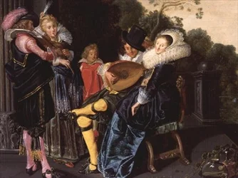 En elegant fest, der laver musik ved en dekorativ sø, 1621