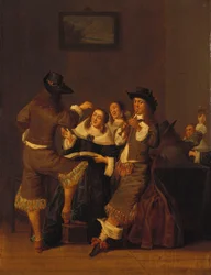 Elegante figurer, der drikker og hygger i et interiør, 1653