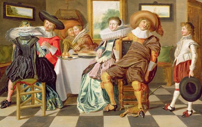 Elegante figurer ved et bord, der spiser