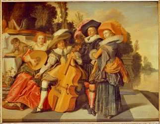 Elegante figurer laver musik på en terrasse ved en sø