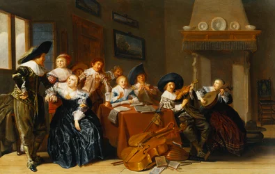 Elegante figurer med instrumenter siddende ved et bord og en ung dame, der synger i et interiør, 1637