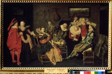 ""The Merry Company"" (The Merry Company) Festen i en velhavende hollandsk bolig, et bord af elegant klædte borgerlige. Maleri af Dirck Hals (1591-1656) 1600-tallet Dim. 41x66 cm Pushkin Museum, Moskva