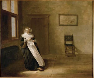 Dame river et brev i stykker (olie på lærred)