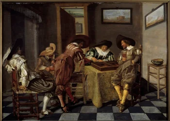 Delen af tri-trac (tri-trac: gammelt backgammon-spil). Maleri af Dirk Hals (1591-1656), ca. 1615-1625. Olie på træ. Mål: 0,38 X 0,53 m. Lille, Musee Des Beaux Arts - Tic-trac-spillere ("Trictrac: gammelt backgammon-spil). Maleri af Dirk Hals (159