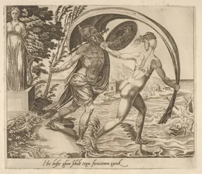 Et skjold er til ingen nytte, når Fortune vender ryggen til fra seks ordsprog om formue, ca. 1560.