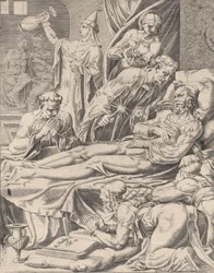 Den rige mand på sit dødsleje, fra Lignelsen om Lazarus og den rige mand, plade 2, 1551.