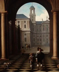 Elegante figurer i en loggia ved indgangen til et palads