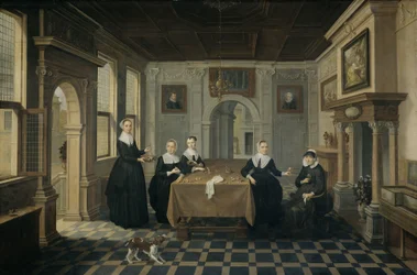 Fem damer i et interiør, ca. 1630-1652 (olie på panel)