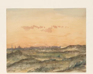 Landskab med silhuetten af ​​en by i det fjerne