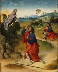 Moses og den brændende busk, med Moses, der fjerner sine sko, ca 1465