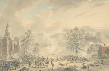 Slagscene med kirke til venstre, ca. 1790-1800.