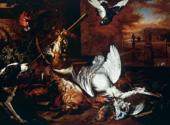 Stilleben med Dead Heron og Dog, der gøer mod Bird