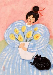 Kvinde med blomster og kat