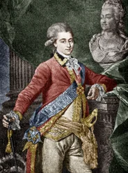 Alexander Dmitrievich Lanskoy (1758-1784) russisk militær, elsker af Katarina II af Rusland, kobberstik farvelagt dokument