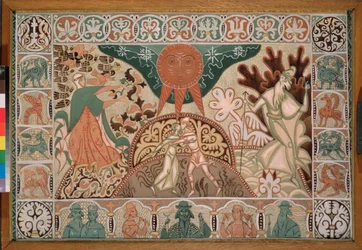 Scenegardindesign til operaen ""The Snow Maiden"" af Nicolas (Nikolai) Rimsky Korsakov (Rimsky-Korsakov) (1844-1908) (Gardindesign til operaen Snow Maiden af ​​N Rimsky Korsakov) - Værk af Dmitri Semyonovich Stelletsky ( 1875-1947), gb