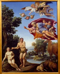 Gud irettesætter Adam og Eva, maleri af Domenico Zampieri (Domenichino), 1625, 0,95 x 0,75 m, Grenoble, Museum for Skønne Kunster