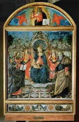 Madonna på tronen, Jesusbarnet, to engle og de hellige Bartholomæus og Antonius Abbas ...