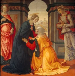 Marias besøg hos Elisabeth: Jomfru Maria besøger Elisabeth, mellem Maria Jakobe og Maria Salome, vidner til korsfæstelsen og opstandelsen, 1491