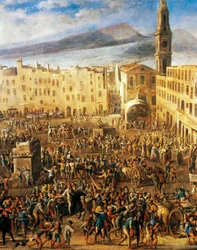 Piazza del Mercato i Napoli, detalje fra Masaniello-oprøret, af Domenico Gargiulo kendt som Micco Spadaro (1609 eller 1610 - ca. 1675), maleri.