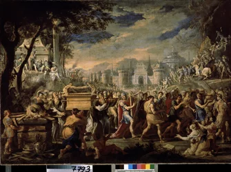 ""David bærer Pagtens Ark til Jerusalem"" (Kong David bærer Pagtens Ark ind i Jerusalem) Bæringen af ​​Pagtens Hellige Ark til Jerusalem, akkompagneret af kong David, der spiller psalter. Maleri af Domenico Gargiulo (1609-1675)