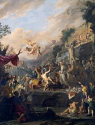 Martyrdom of Saint Lawrence, maleri af Domenico Gargiulo kaldet Micco Spadaro (1609 eller 1610-ca 1675), Italien