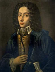 Portræt af Giovanni Battista Pergolesi (Jean Baptiste Pergolese, Jean-Baptiste) (1710 - 1736). Olie på træ af Domenico Antonio Vaccaro. Konservatoriet i Napoli. Giovanni Battista Pergolesi maleri af Domenico Antonio Vaccaro Napoli konservatorium