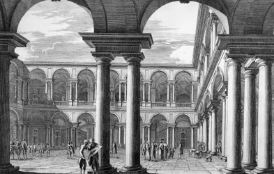 Breran palatsin sisäpiha Milanossa, jossa sijaitsee Kuvataideakatemia ja taidegalleria, jonka on suunnitellut arkkitehti Francesco Maria Richini (1584-1658), kaiverrus Domenico Aspari (1745-1831), Italia