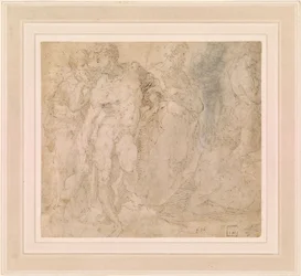 Beccafumi - Stående mandlig nøgen blandt en gruppe figurer, en af dem liggende, ca. 1530-1540