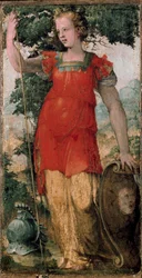 Kvindelig karakter, måske Minerva. Maleri af Domenico Beccafumi (1486-1551).