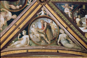 Promethee skaber mennesket under Merkurs blik, der holder en løvfældende og iført hjelm og sandaler vinger Fresco af Domenico Beccafumi (1486-1551)